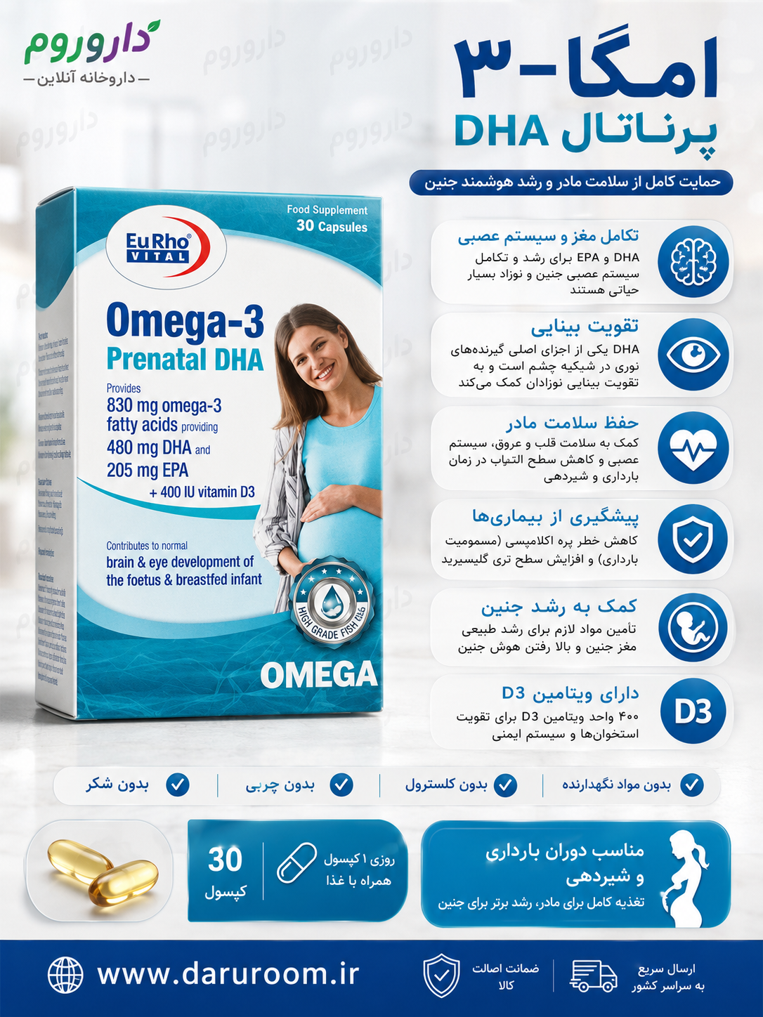 کپسول نرم امگا-3 پریناتال DHA یوروویتال 30 عددی