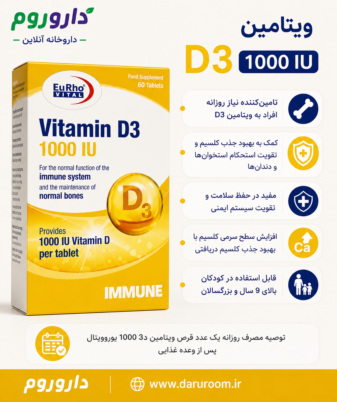 قرص ویتامین D3 1000 یوروویتال 60 عددی