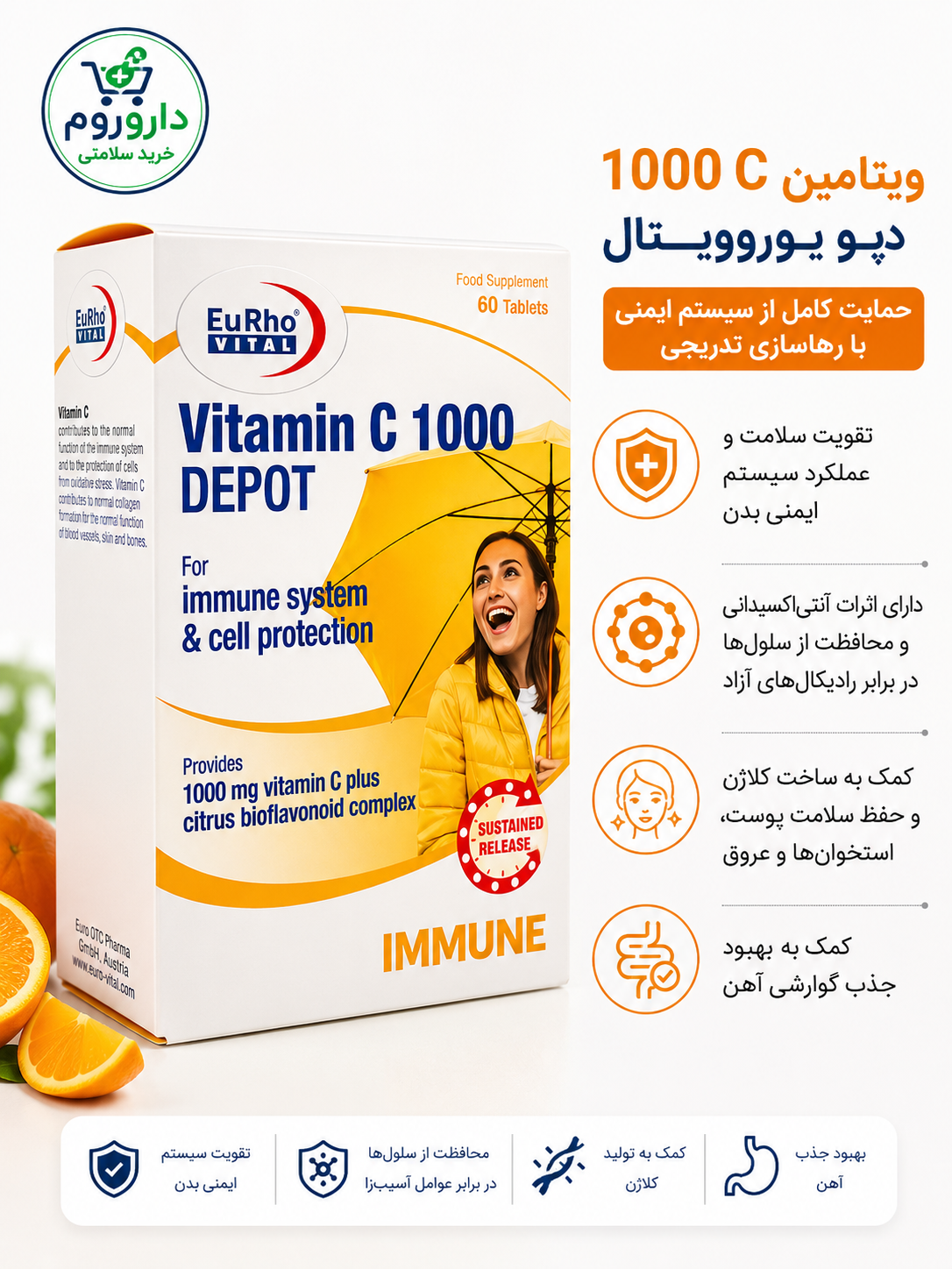 قرص ویتامین ث 1000 میلی گرمی دپو یوروویتال 60 عددی