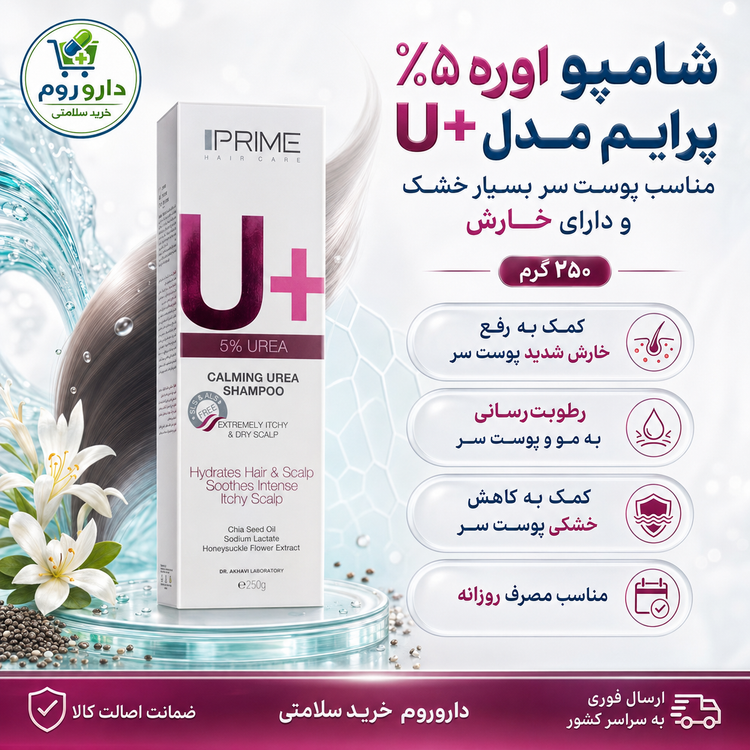 شامپو اوره ۵ درصد پرایم مدل U+ مناسب پوست سر بسیار خشک و دارای خارش ۲۵۰ گرم