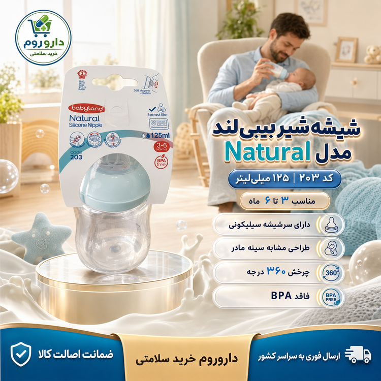 شیشه شیر بیبیلند مدل Natural کد ۲۰۳ ظرفیت ۱۲۵ میلیلیتر