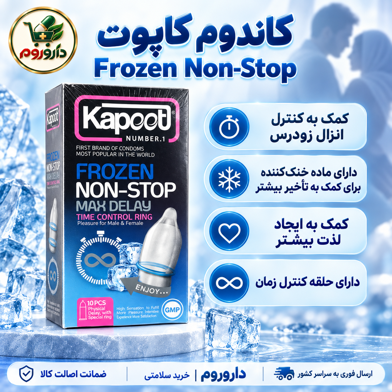 کاندوم کاپوت مدل Frozen Non-Stop بسته 10 عددی | دارای حلقه کنترل زمان و ماده خنک‌کننده