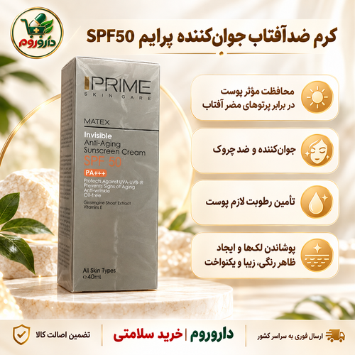 ضدآفتاب جوانکننده پرایم SPF50 ماتکس حجم ۴۰ میلیلیتر | مناسب انواع پوست، فاقد چربی و رنگی