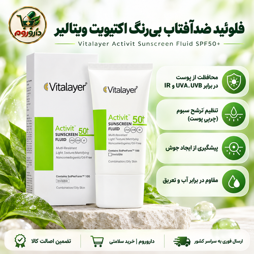 فلوئید ضدآفتاب بیرنگ اکتیویت ویتالیر SPF50+ | پوست مختلط و چرب